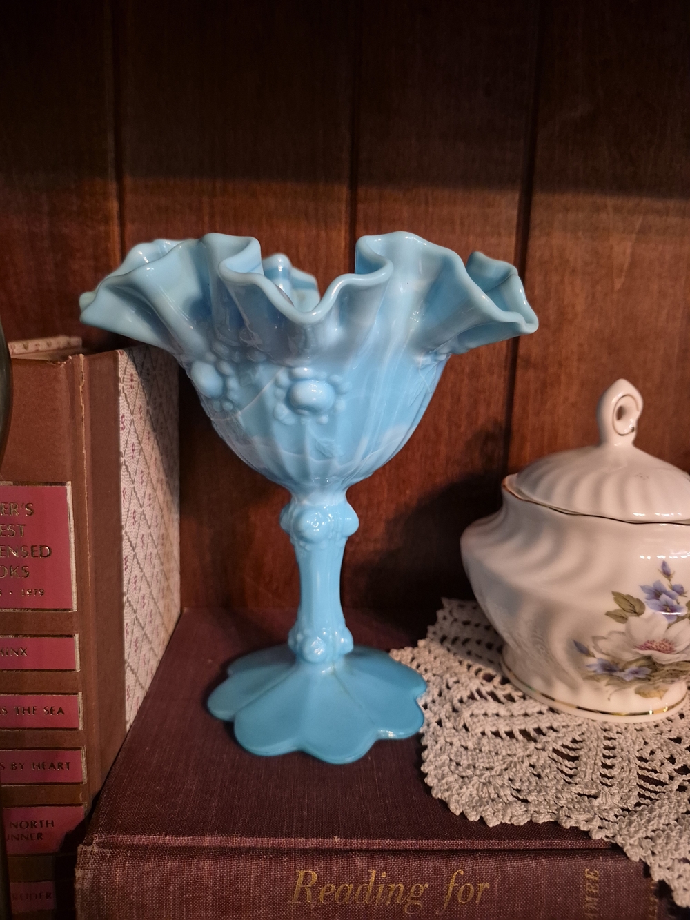 Fenton slag glass compote - ruffled rim and a detailed cabbage rose Pattern